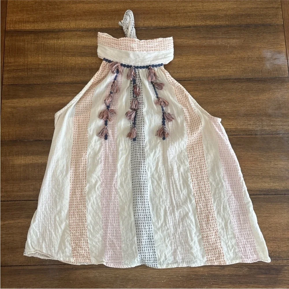 THML Anthropologie Boho Tank Top Embroidered Sz L Tassel Halter Gauze Sleeveless - Picture 5 of 14